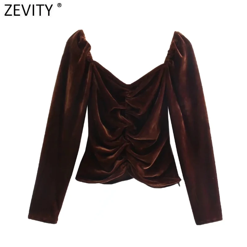 

Zevity New Women Fashion Solid Color V Neck Pleated Velvet Shirt Blouses Ladies Long Sleeve Roupas Femininas Chemise Tops LS9835