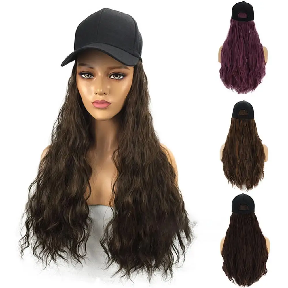 

Women Charming Long Curly Wave Wig Hairpiece Hair Extension with Peaked Cap Hat