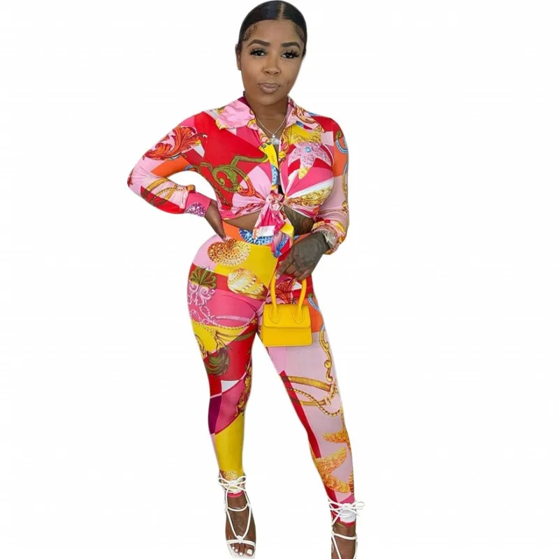 

Pant Suits Two Piece Set Women Full Sleeve Shirt Tops And Pencil Pants Fashion Print Street Style Casual Lounge Wear Set Outfits
