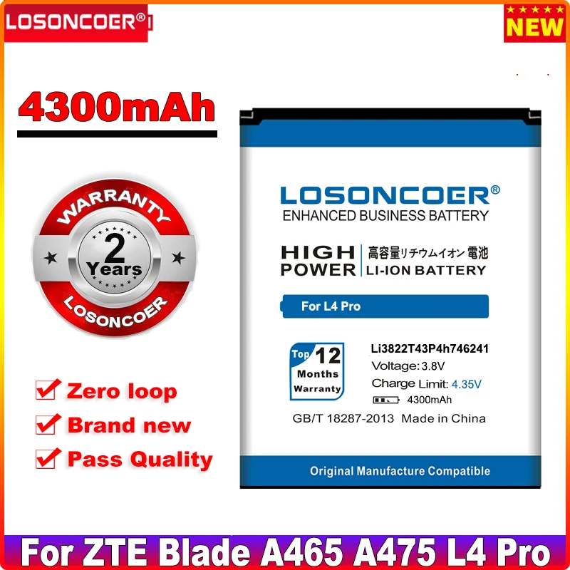 Аккумулятор LOSONCOER 4300 мАч Li3822T43P4h746241 для ZTE Blade L4 Pro / TWM Amazing X3s Telstra 4GX HD A465 A475|batteries