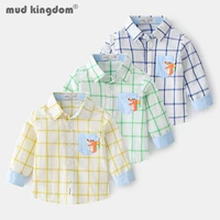 mudkingdom boys plaid shirts spring long sleeve cartoons turn down collar pockets tops for toddler drop shoulder kids clothes