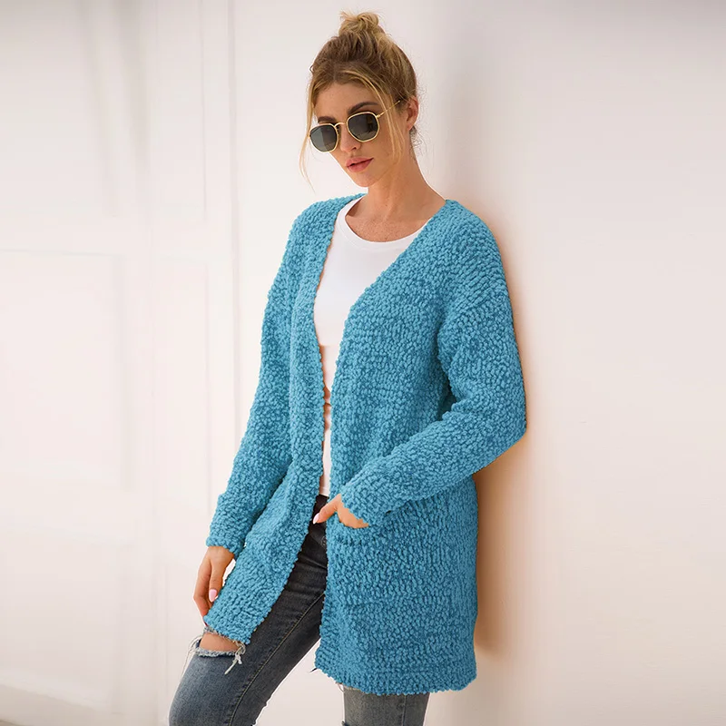 Fitshinling 7 цветов зимний длинный женский кардиган Boho Карманы Женская трикотажная куртка свитера длинный рукав тонкий кардиган для женщин