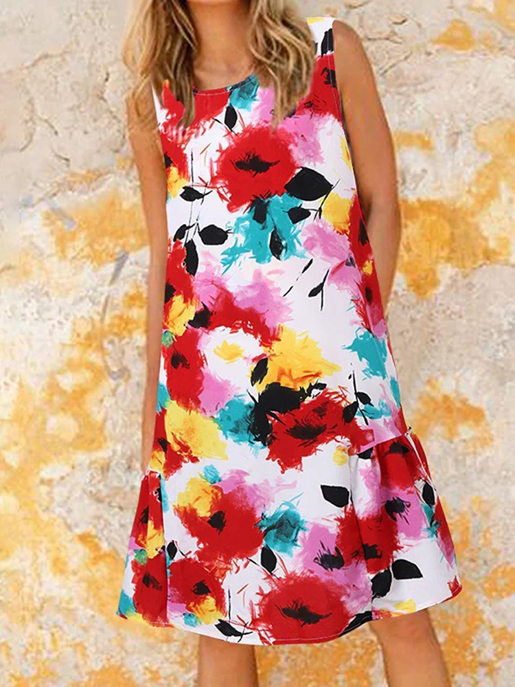 

Women Spring Floral Print Vintage Party Dress Elegant O Neck A-Line Mini Dress Vestido Sexy Sleeveless Ruffle Summer Beach Dress