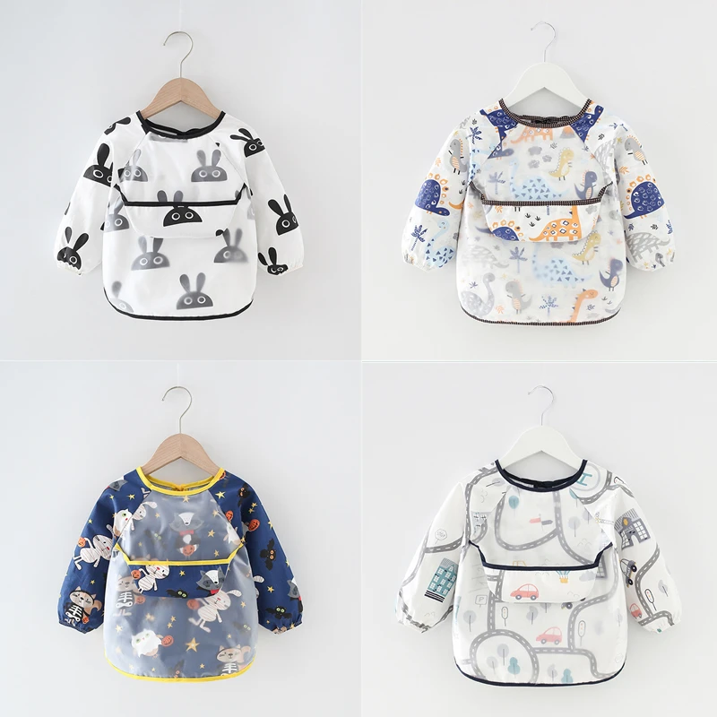 Baberos de Bandana para beb&eacute;, delantal de manga larga impermeable con dibujos animados de colores, para comer y dibujar-0
