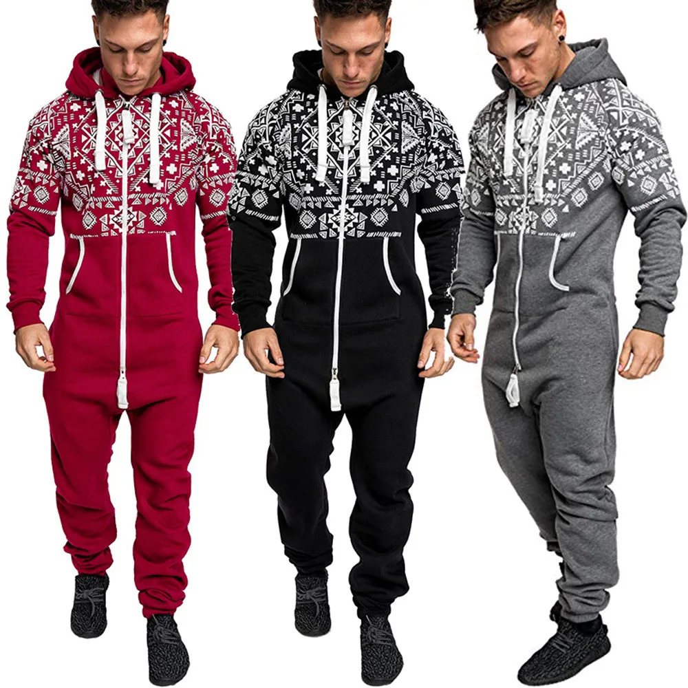 

Men Jumpsuits Hoodie Print Zipper Print Sleepwear Pockets Xmas Autumn Winter Casual Hoodie Print Christmas Zipper Print Jumpsuit
