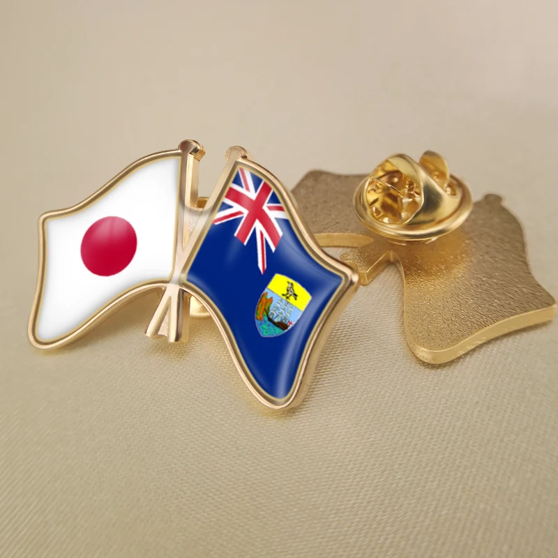 

Saint Helena and Japan Crossed Double Friendship Flags Lapel Pins Brooch Badges