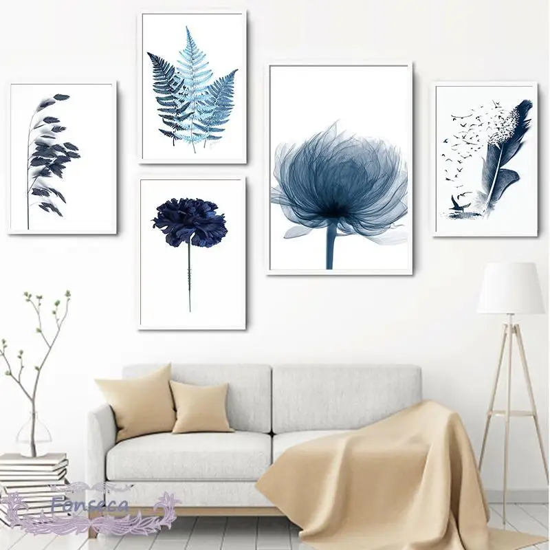 

Minimalist Watercolor Blue Botanical Leaf Poster Wall Art Canvas Painting Pictures for Living Room Decor Nordic Flowers Plant