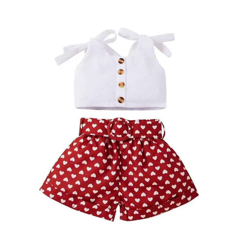 

2pcs Clothes Set Summer Baby Girls solid strap Crop Tops T-shirt Shorts Pants Kids Outfits
