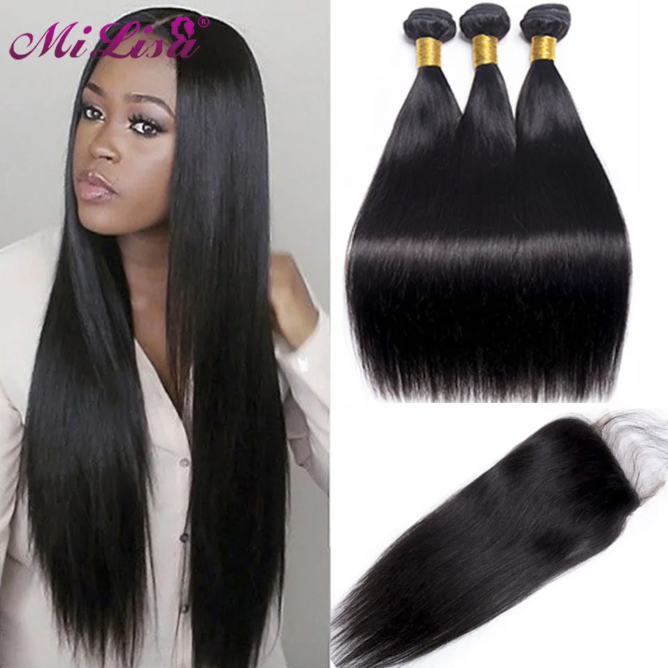 Перуанские прямые волосы пряди с закрытием 30 дюймов Пряди Mi Лиза Remy человеческие