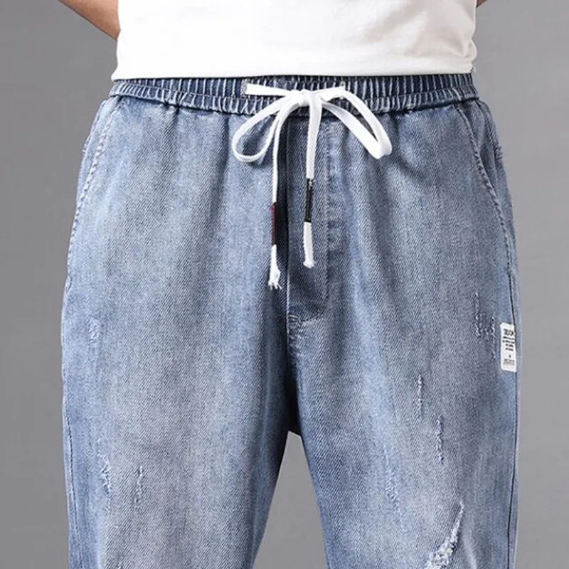 

2021 Newest Goods Baggy Jeans Drawstring Waist Jeans Men Streetwear Elastic Cuff Kpop Clothes Casual Wide Leg Harajuku Gray Blue