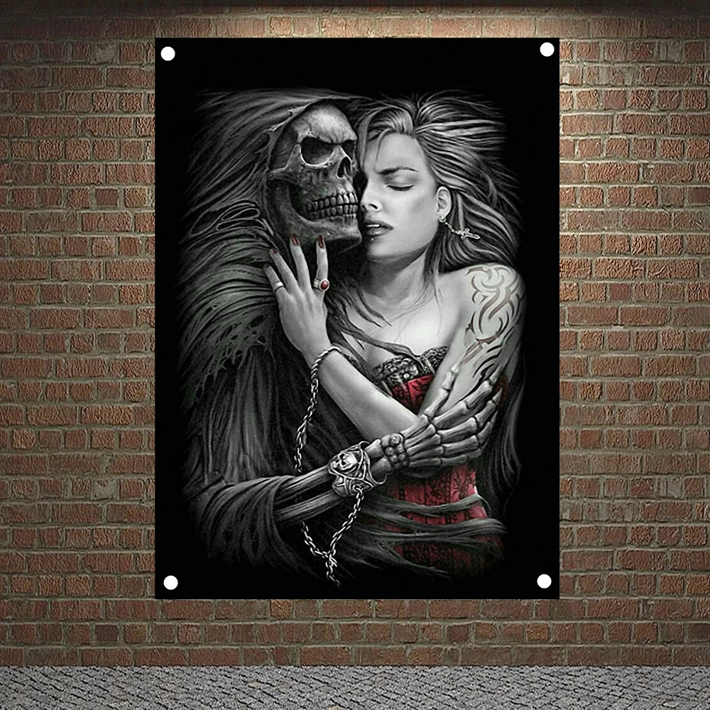 

Girl and Grim Reaper Banners Skull Tattoo Art Flags Canvas Painting Home Decoration Scary Bloody Posters Tapestry Wall Hanging