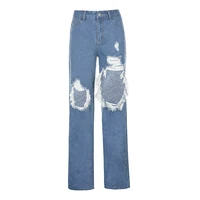 street hot sister hole high waist washed distressed womens jeans autumn blue wide leg clothing loose and denim trousers