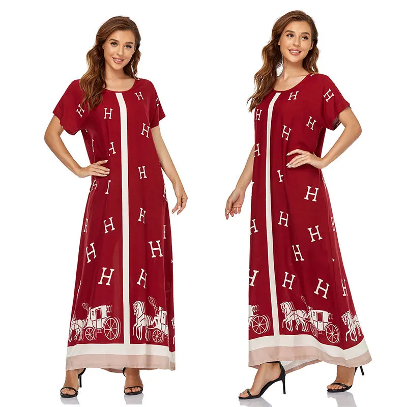 

Printed Oversize Hem Dresses for Women New Summer Casual Loose Plus Size Short Sleeve Muslim Dubai Frenulum Maxi Dress Robe