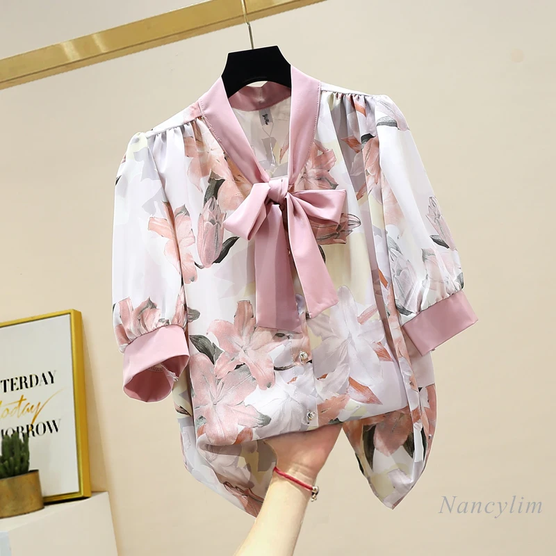 

2021 Summer Loose Plus Size Bow Printed Chiffon Shirt Woman's Short Sleeve Loose Blouse Office Lady All-Match Top Blusa