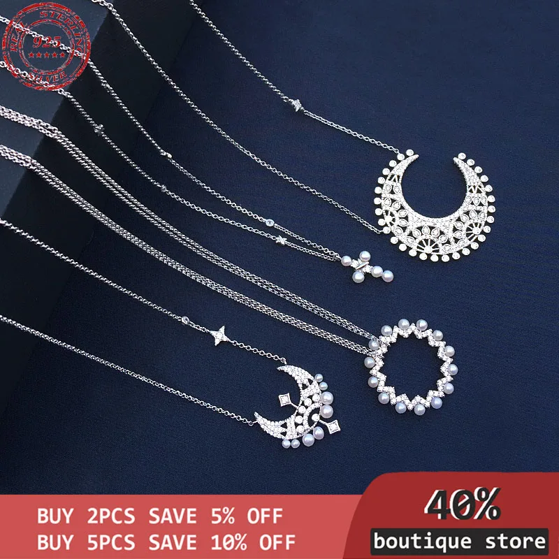 

S925 Sterling Silver Pearl Star Moon Cross Necklace girl's light, elegant and luxurious temperament logo jewelry