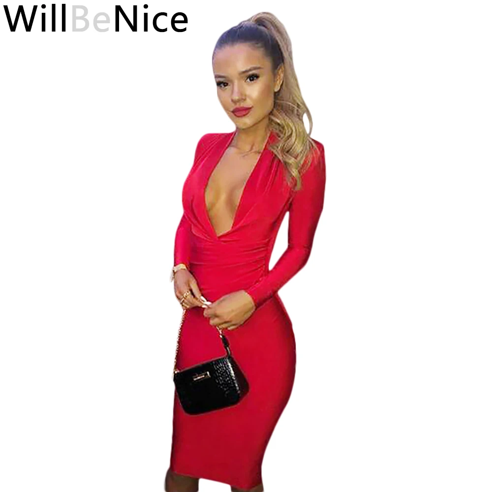 Женское Бандажное платье WillBeNice красное белое облегающее женское с глубоким V