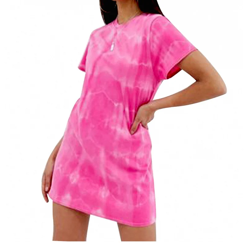 

Casual Loose Mid-length Top Round Neck Short Sleeve Tie-dye Printed T-shirt Fashion Thin High Street Summer Women's Clothes 2021