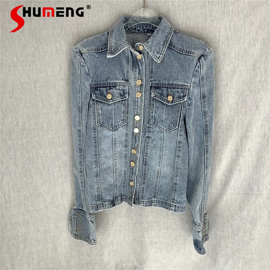 

Simple Retro Polo Collar Versatile Denim Jacket for Women 2021 Autumn New Fashion Slimming Light Blue Casual Coat Ladies