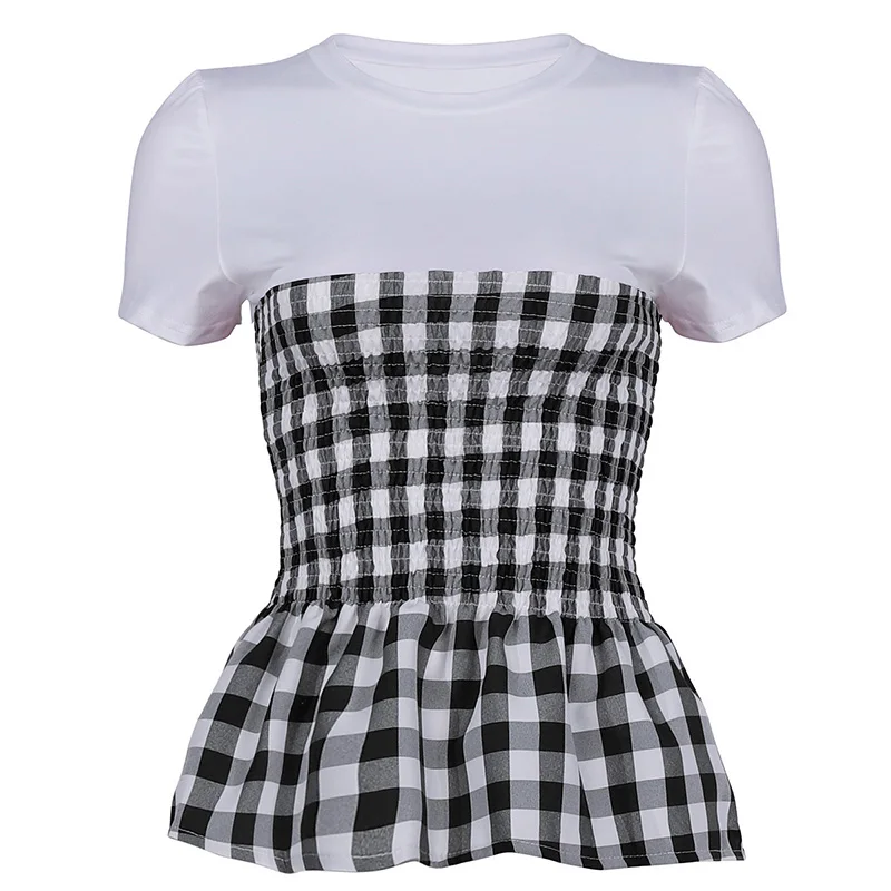 

Summer Plaid Patchwork T-shirt Ladies Tops Fashion Slim Cute O-neck Short-sleeved Women T-shirt 2021 New Arrival