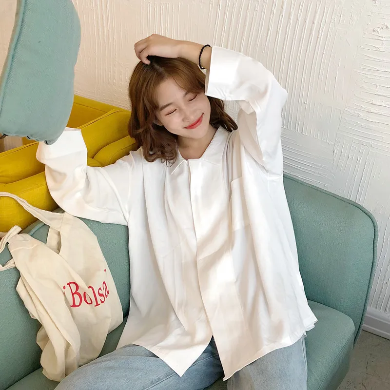 

Women's Long-sleeved Shirt Spring Autumn Turn-down Collar Solid Loose Pockets Shirts Woman Korean Wild Female Fresh Tops GX030