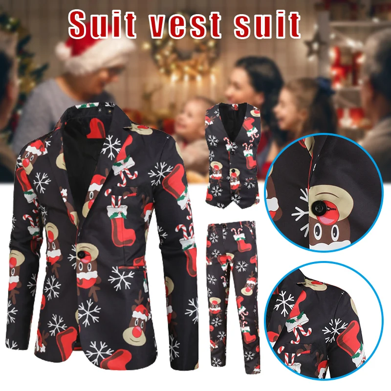 3PCS Christmas Print Suit for Men Blazer Vest and Pants Set Buttons Suit Xmas Festival Supply XIN-Shipping
