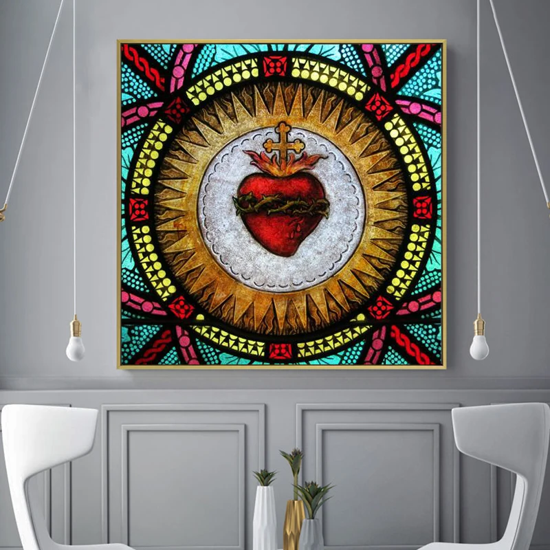 Витражная картина на холсте с изображением Священного Сердца скандинавские
