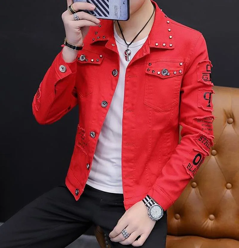 

2021 Spring Autumn Casual Hole Denim Jacket New Harajuku Coat Men's Korean Fashion Rivet Jackets Men Motorcycle Coats Streetwear
