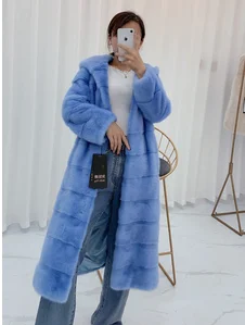 sky blue Женское длинное пальто из натурального меха норки с капюшоном и длинными рукавами, зимняя Толстая теплая женская Норковая Меховая куртка больших размеров - Цвет: sky blue