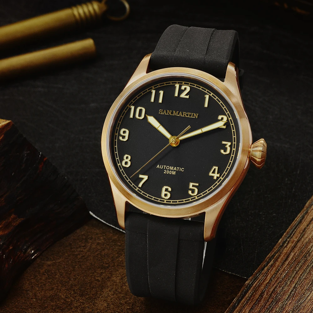 Black SW Мужские автоматические механические часы San Martin Diver в ретро стиле из оловянной бронзы, люминесцентный резиновый сапфировый прозрачный чехол с подсветкой - Цвет: Black SW
