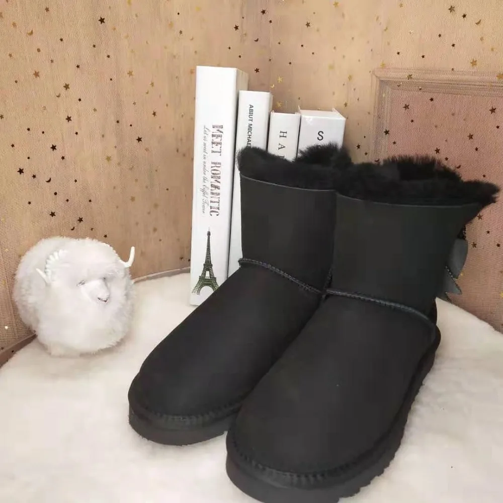 Blinging/; красивые женские зимние ботинки из натуральной овечьей кожи с бантом; женские ботинки на натуральном меху; теплые зимние ботинки с шерстью