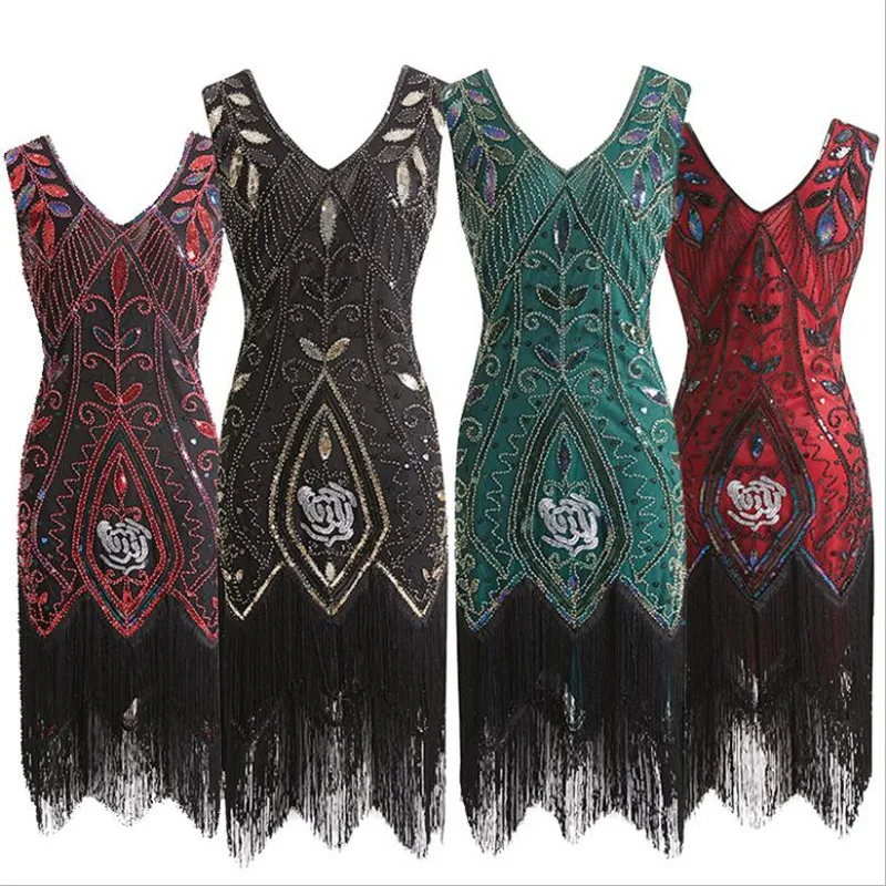 Платье с блестками бусинами и бахромой винтажные женские вечерние Облегающий