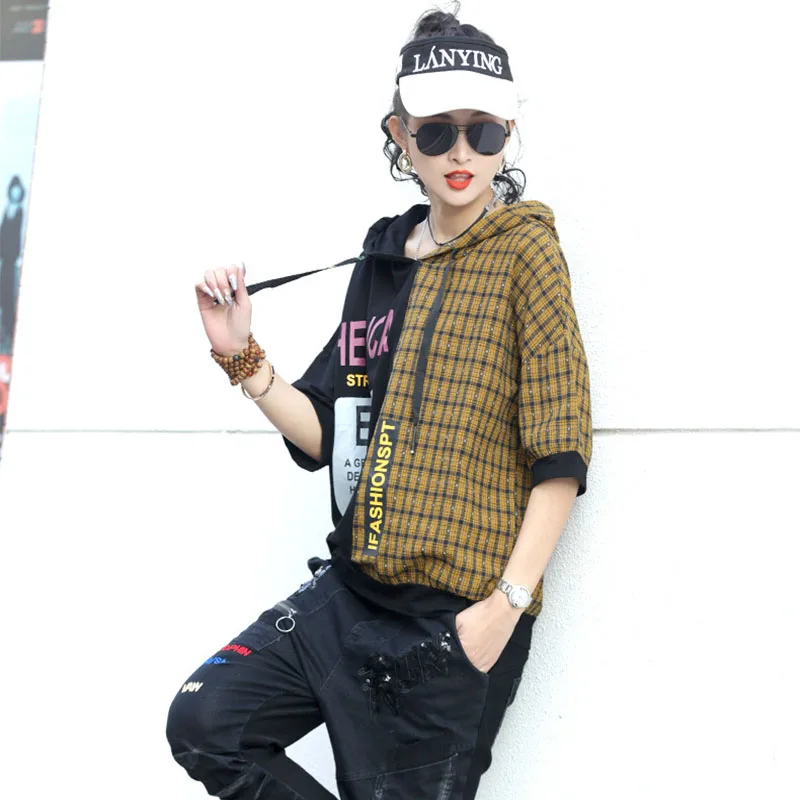 

2021 INS Summer Hoodies Short Sleeve Plaid Patched Letters Print Trendy Girls Streetwear Casual Tops Hooded Shirt for Teens