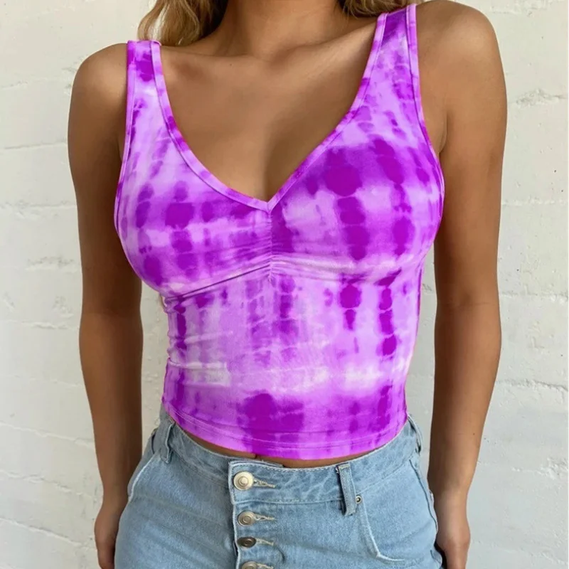 

Women Sexy Summer Crop top Printing Sleeveless V Neck Slimming Casual Streetwear Vest Tanks Backless Tie-dye Short Tank tops Tee