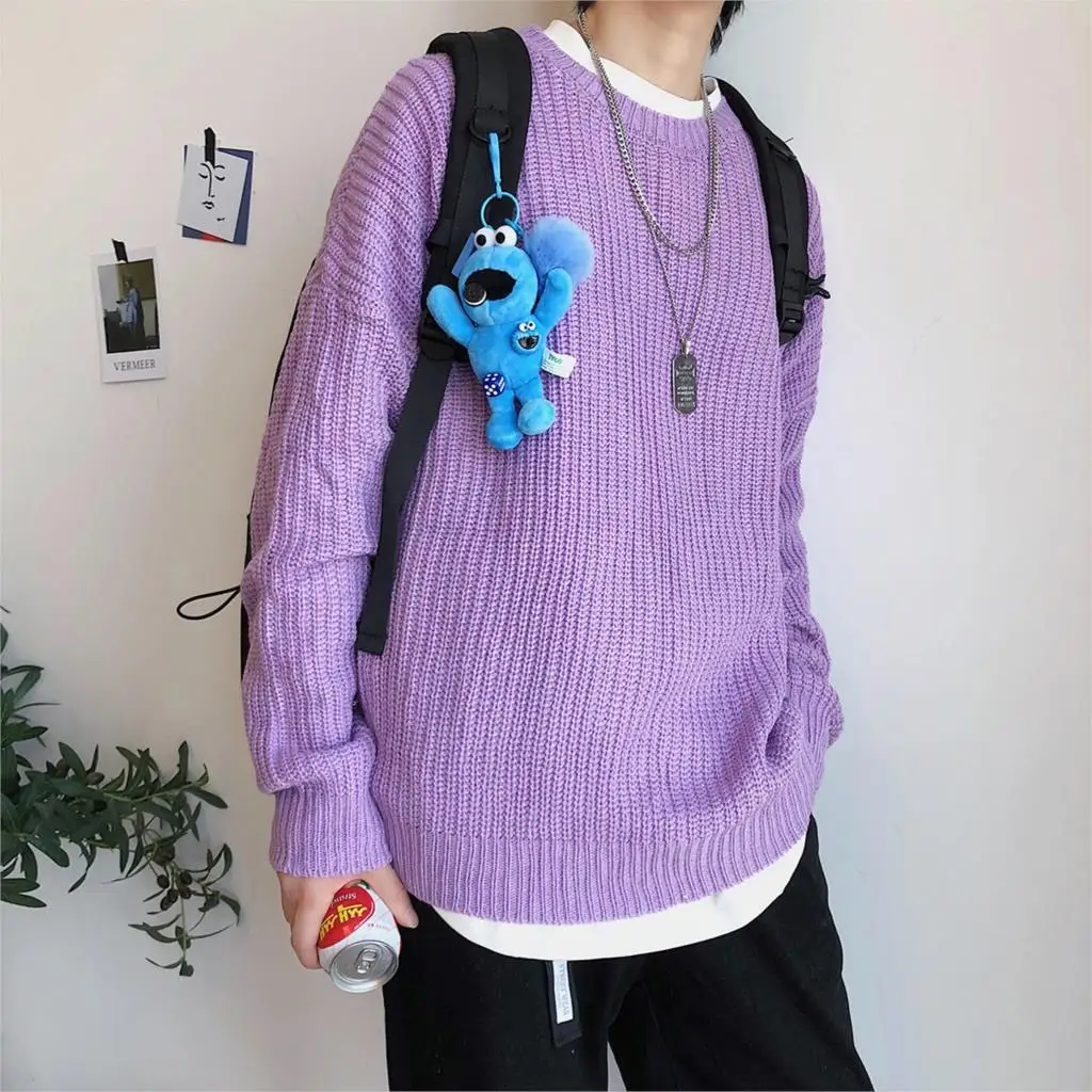 Purple(AsianSize) Privathinker, осенне-зимний мужской свитер, пуловер, 9 цветов, повседневный мужской вязаный корейский однотонный топ, уличная одежда, мужской свитер - Цвет: Purple(AsianSize)