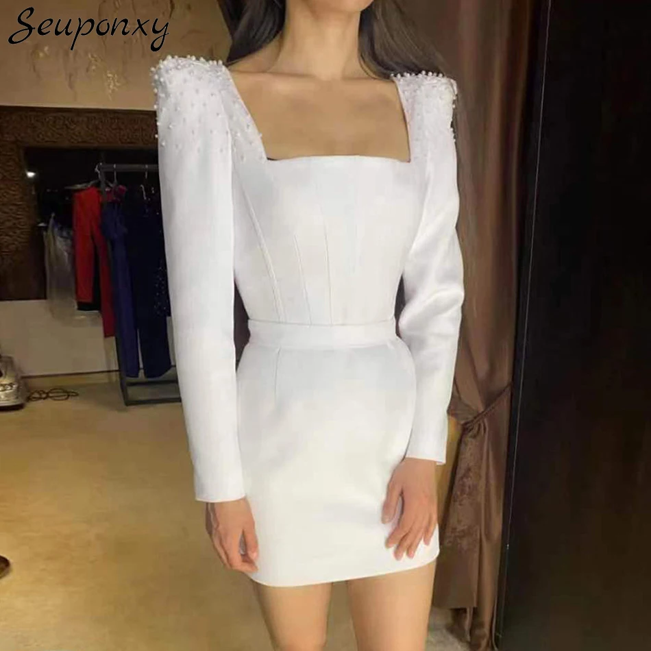 

Женское облегающее мини-платье с бисером, элегантное вечернее Вечерние знаменитости с квадратным вырезом и длинным рукавом, лето 2022