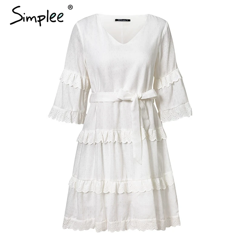 Simplee Elegant embroidery white women dress Flare sleeve ruffle sashes summer dresses Casual v-neck sexy dress female vestidos
