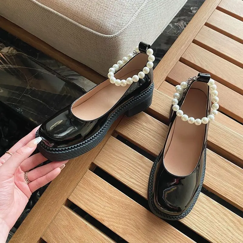 

Woman Fashion Pearl Ankle Strap Buckle Metal Decoration Handmade Dress New Spring Pumps Women's Summer Mary Janes