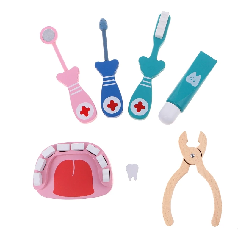 

6Pcs Baby Toys Doctor Set Play Wooden Dental Tools Simulation Medicine Box