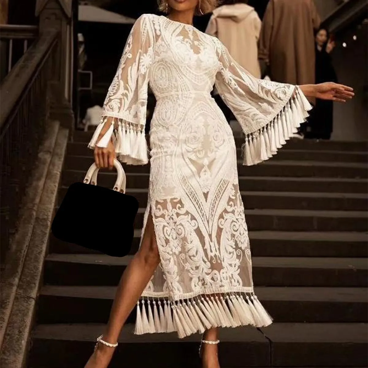 Женское винтажное Кружевное облегающее платье миди с вышивкой и кисточками