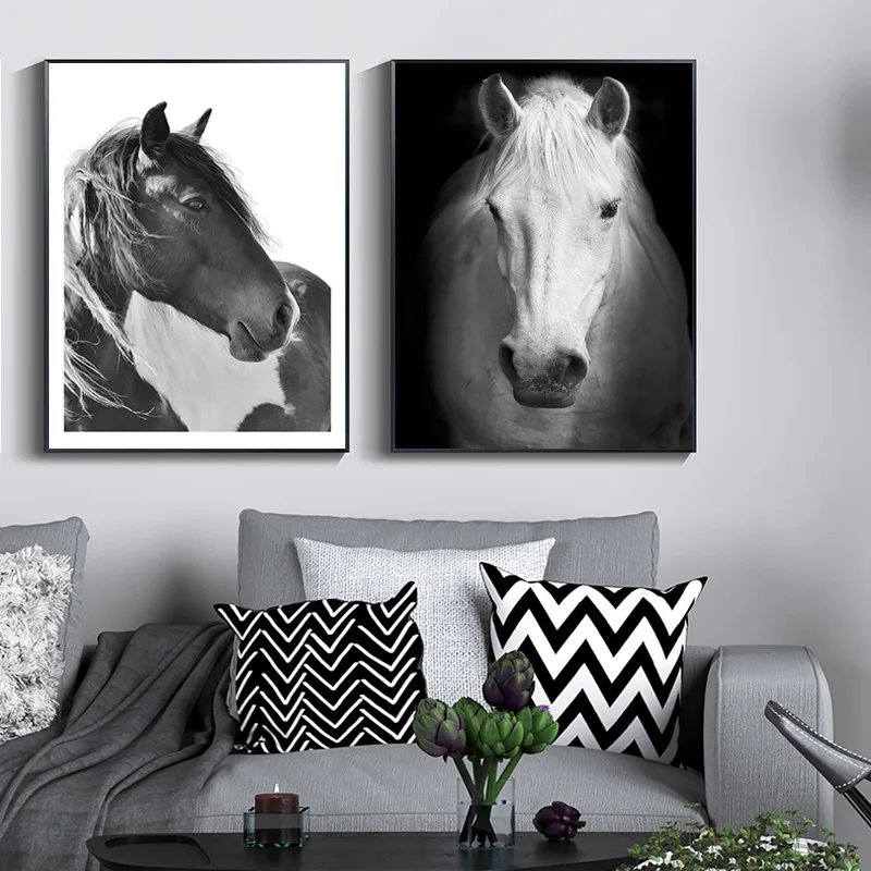 

Canvas Painting Living Room Wall Art Decoration Modern Abstract Animal Horse Poster Decor for Home Unframed Pictures White Black