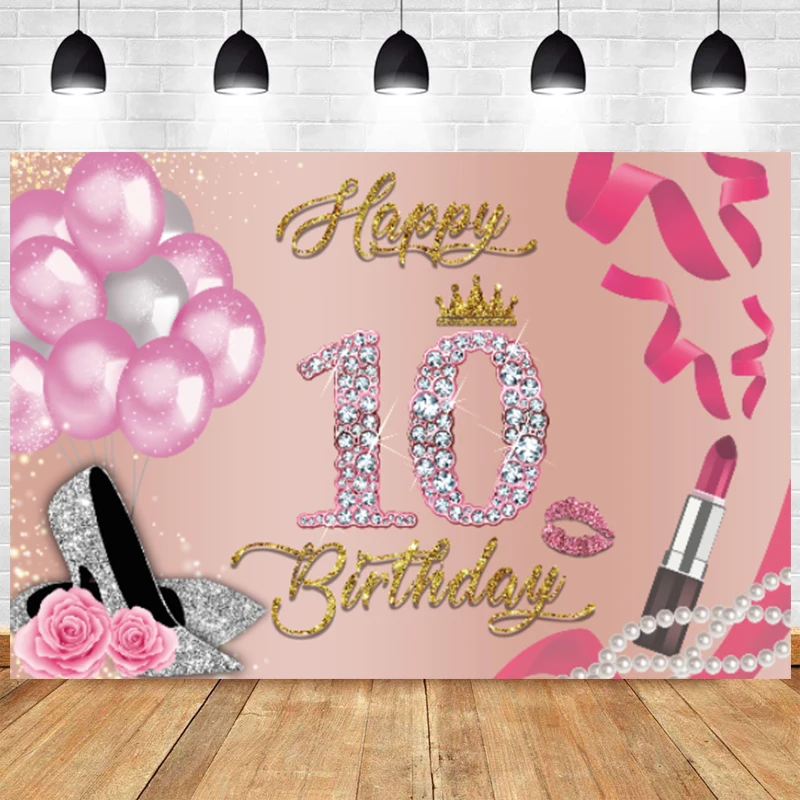 

Pink 10th Backdrop Happy Birthday Party Girls Gold Balloon Boy Ten Photography Background Photographic Banner