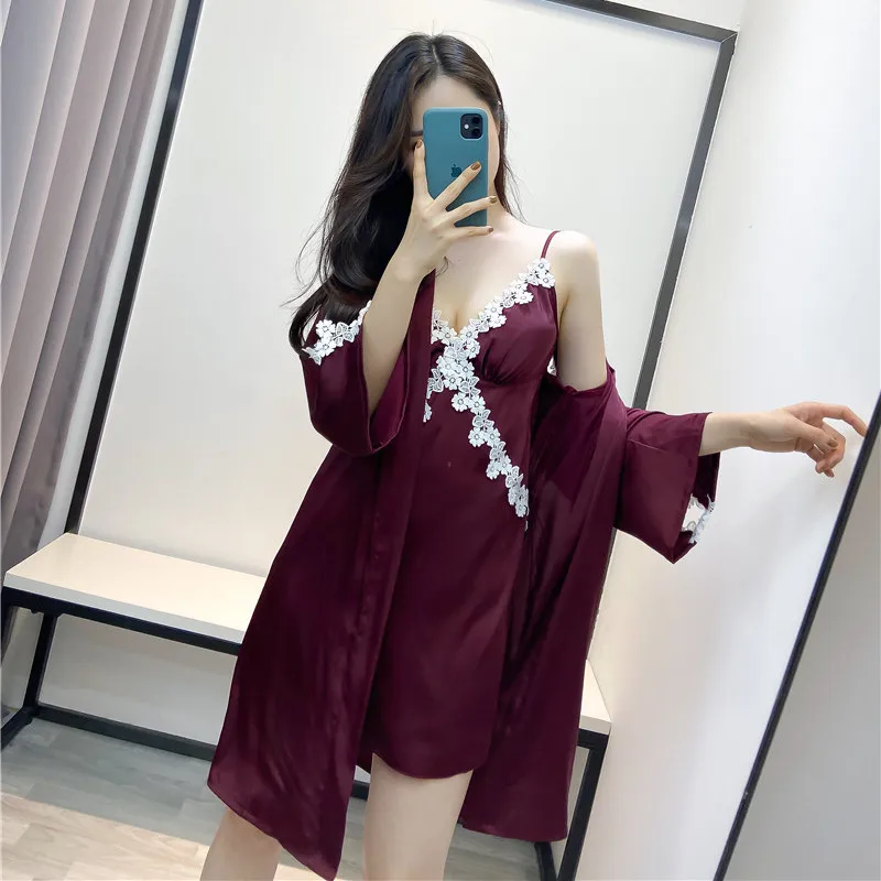 

Kimono Robe Gown Satin Female Nightwear Lace Silky Nightdress 2PCS Nighty& Bathrobe Suit Sexy Bride Bridesmaid Wedding Robe