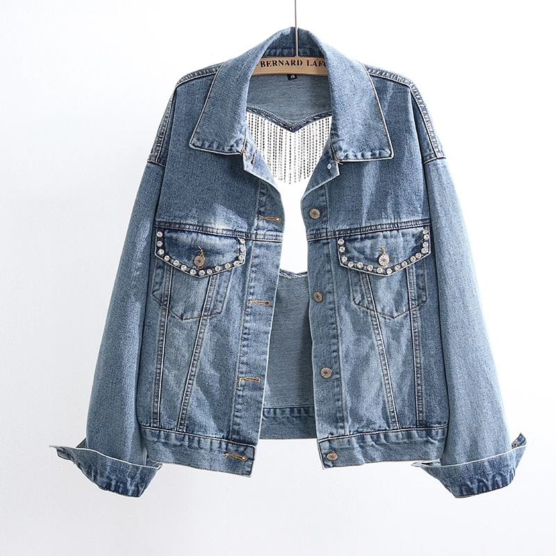 

Женская Повседневная Свободная куртка, осень 2020, новинка, корейская мода, уличная одежда, открытая спина, бахрома, цепи, пуговицы, карманы, дж...