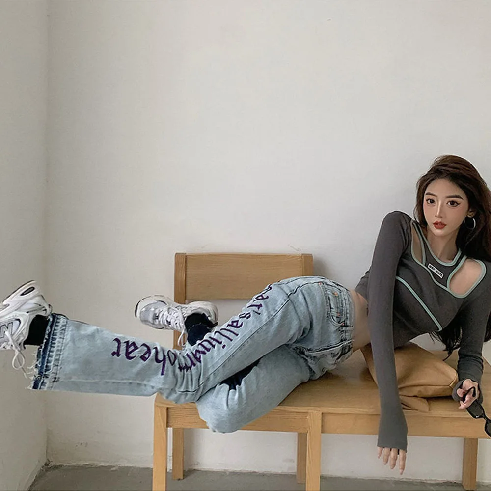 

Jeans Women Loose Wild Trend New 2021 Fashion High Waist Letter Embroidery Stitching Thin Straight Casual Denim Trousers