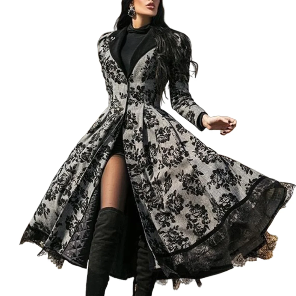 

Women Long Maxi Dress Vintage Floral Print Ladies Elegant A-line Dresses Female Lace Patchwork Dresses