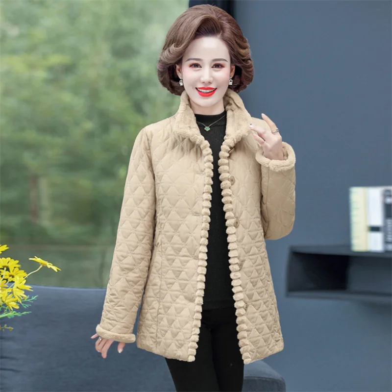 

Winter Jacket Plus Velvet Padded Coat Middle-aged Women Stand-up Collar Plus Size Wadded Jackets Thick Warm Short Outwear