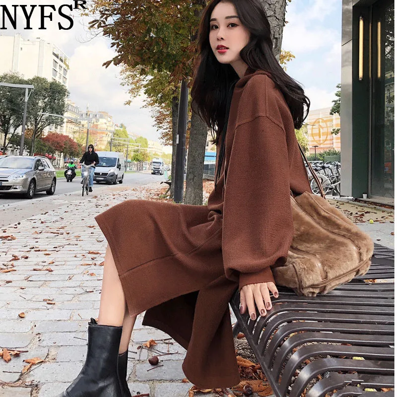 

NYFS 2022 Winter New Korean Loose Plus Size Woman Dress Vestidos Robe Elbise Fashion Hooded Drawstring Split Long Dress L-5XL