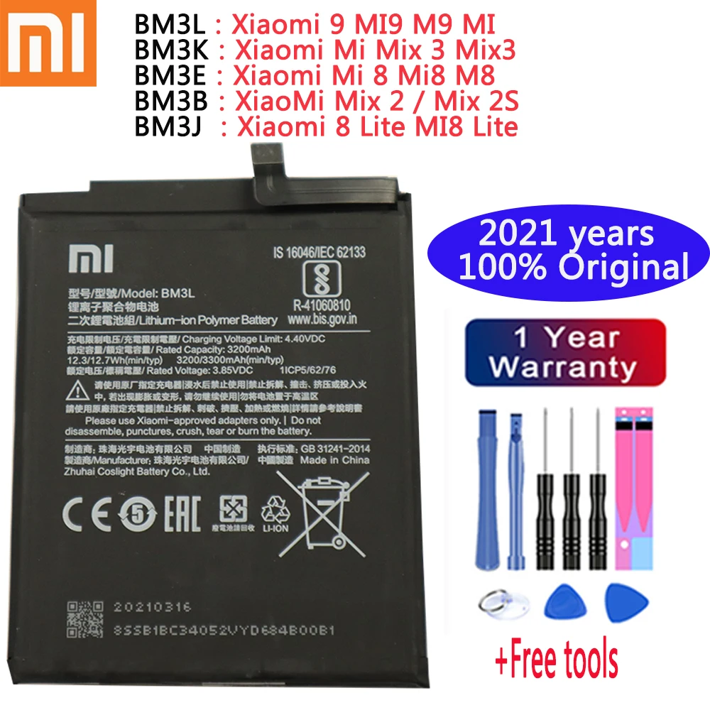 

100% Xiaomi Original Phone Battery for Xiaomi 9 MI9 Mi Mix 3 Mix3 Mi 8 Mi8 M8 Mix 2 Mix 2S 8 Lite MI8 Lite Replacement Batteries