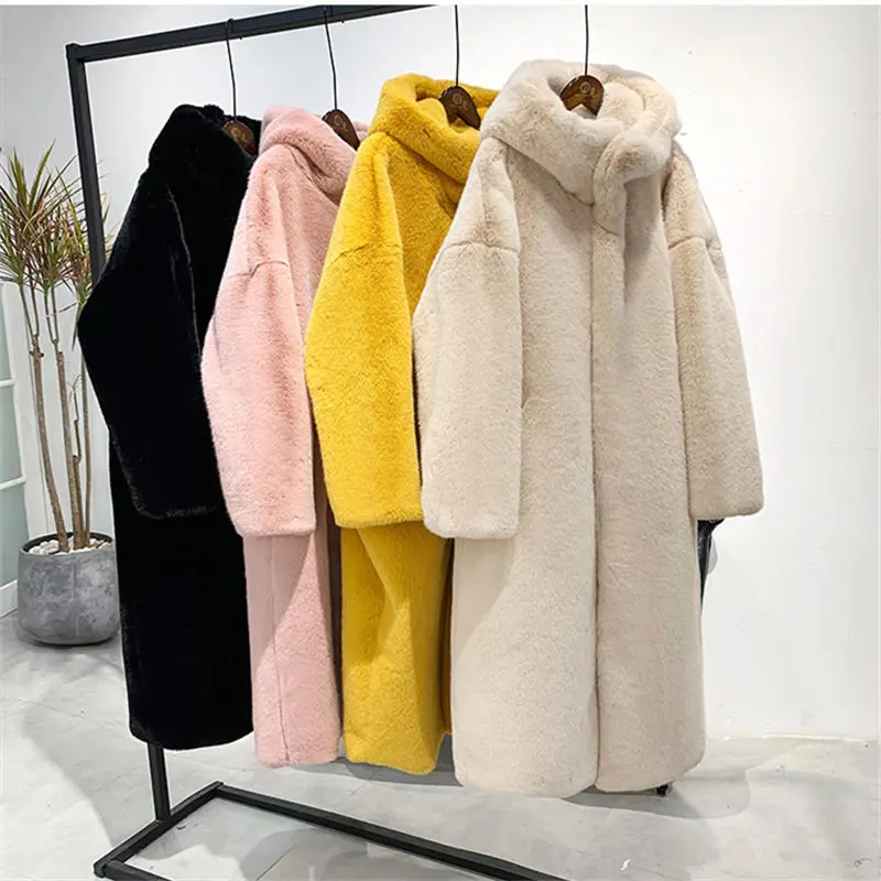 Winter Women Faux Rabbit Fur Coat Hooded Luxury Long Fur Coat Thick Warm Fluffy Jacket Plus Size Femme Plush OverCoat Teddy Coat