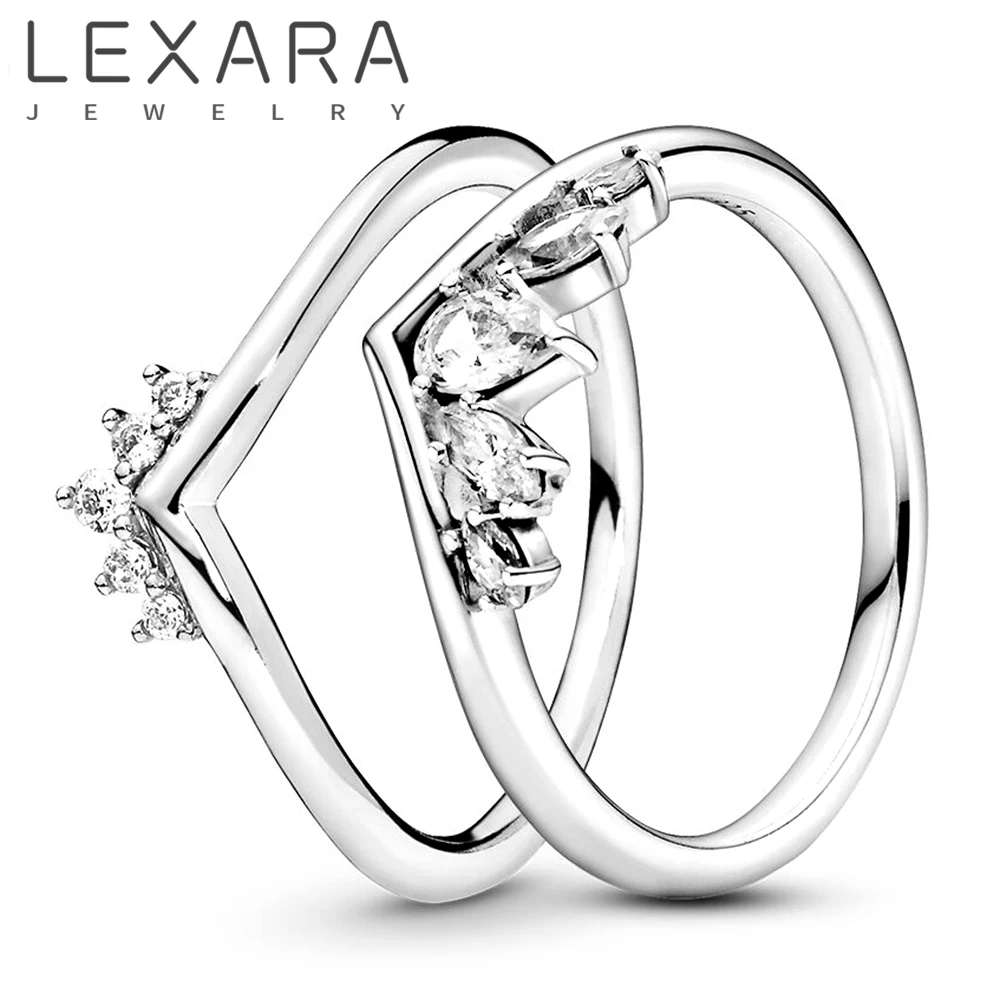 

LEXARA Luxury Sparkling Pear Zircon Ring Set Female Wishbone Design Women Stackable Bridal Wedding Party Jewelry Christmas Gift